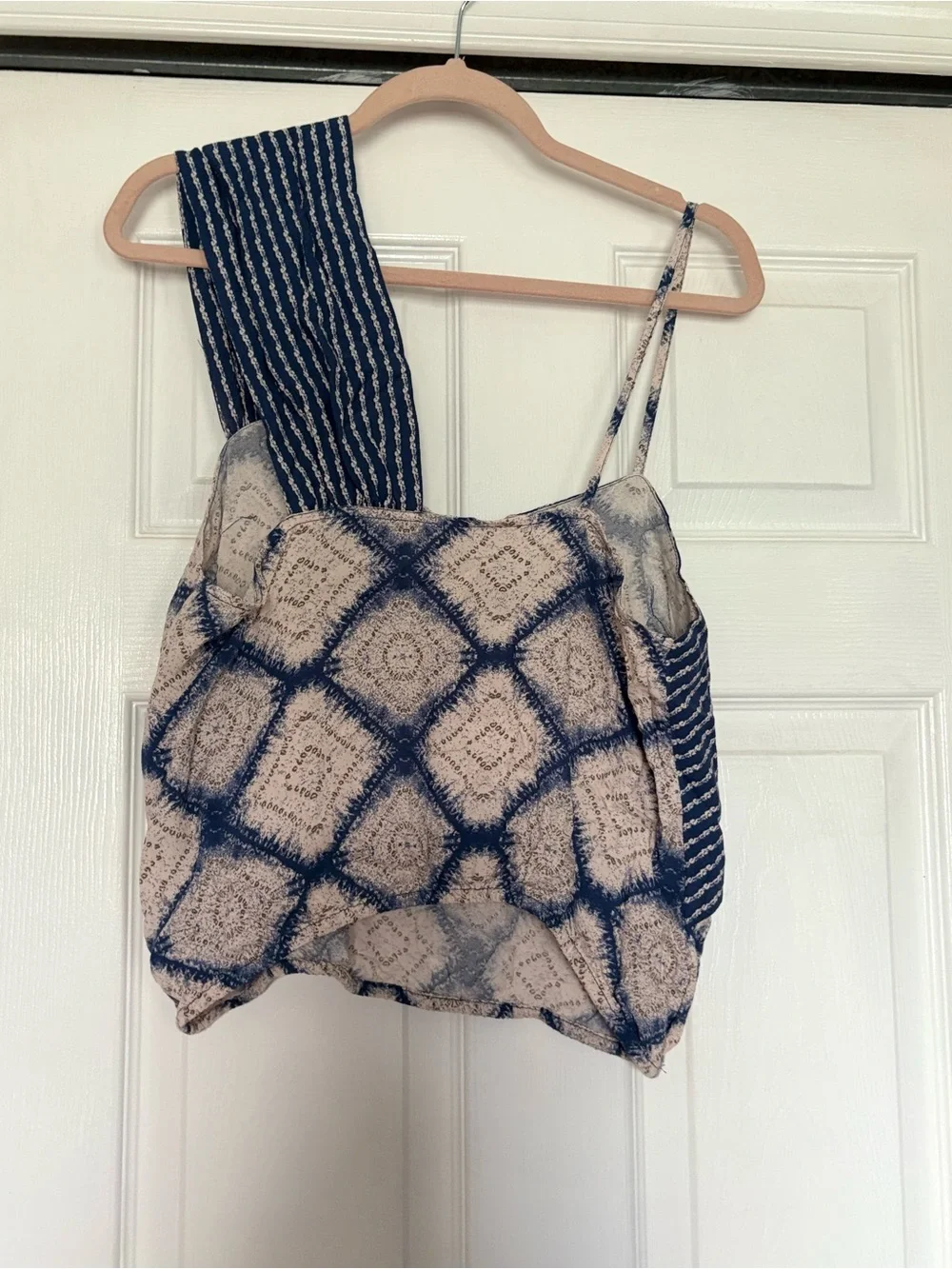 Free People Blue and Cream Patterned Spaghetti Strap Camisole